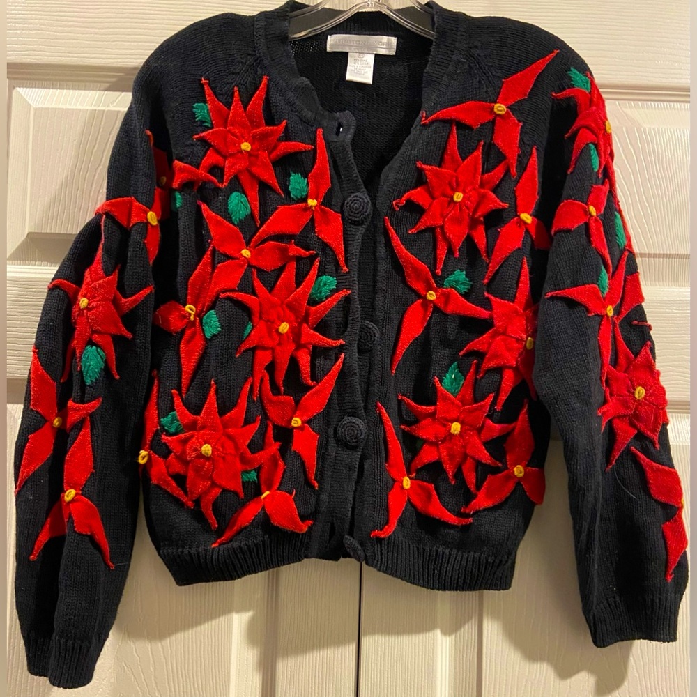 Preston & York Vintage Poinsettia Cardigan Sweater